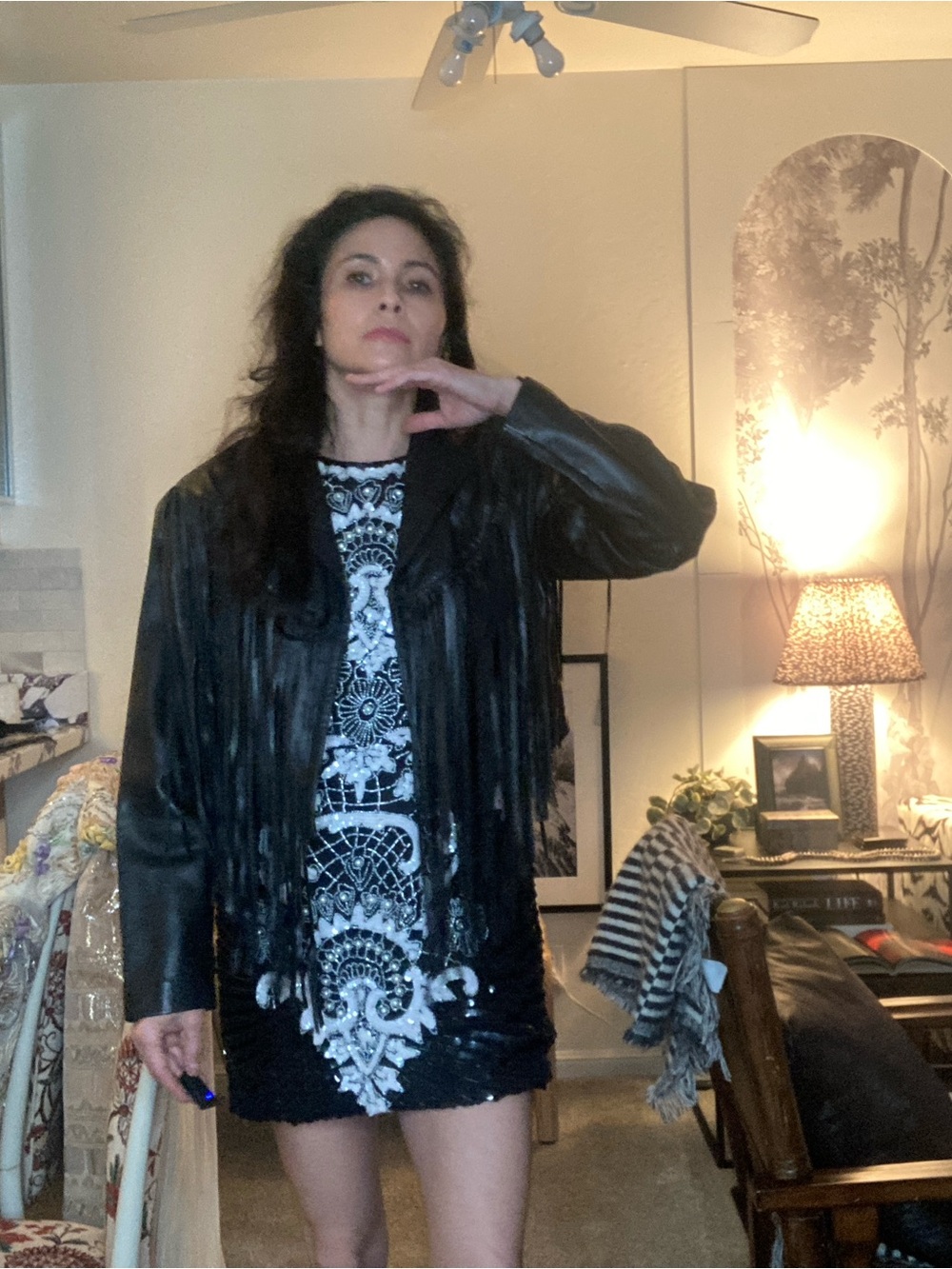 Festival versatile black leather fringed motorcycle jacket cropped 80’s western - Picture 7 of 7